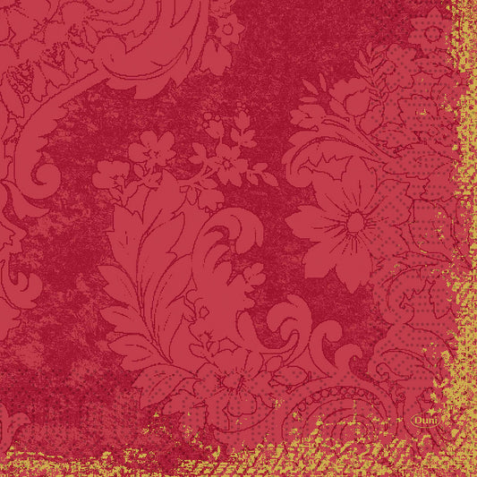 Zelltuchservietten 33 x 33 cm, 3-lagig, von Duni GmbH in Royal bordeaux mit rotem Muster, großen Blumen- und Blattmotiven sowie gelblichen Rändern. Die Packung enthält 250 Servietten.