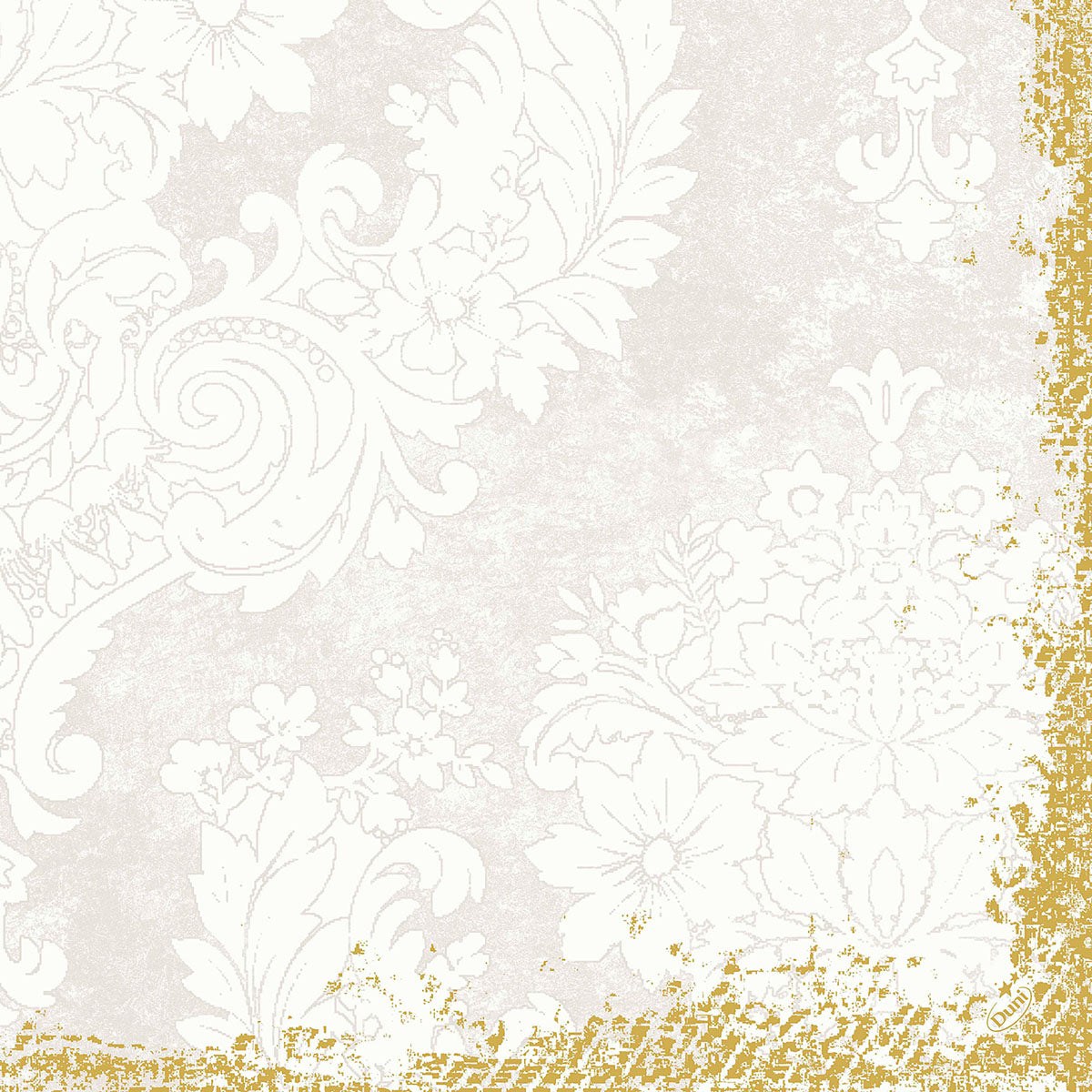Ein florales Muster aus hellbeigem und weißem Damast mit verschnörkelten Wirbeln wird von strukturierter Goldfolie umrandet, um einen Vintage-Look zu erzielen - ideal für Duni GmbH Klassikservietten 40 x 40 cm 4-lagig, geprägt 1/4 Falz.