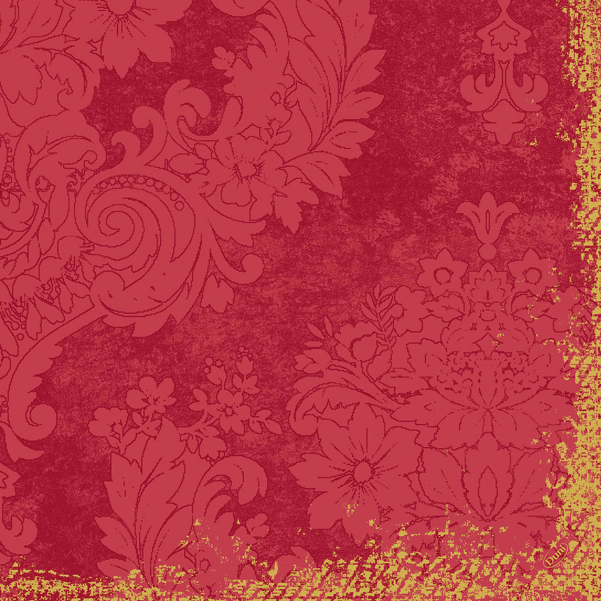 Die Klassikservietten 40 x 40 cm 4-lagig, geprägt 1/4 Falz von Duni GmbH zeigen einen eleganten rot-goldenen Vintage-Blumendamast mit geprägter Struktur und verzierten Blatt- und Blumendetails entlang der Kanten.