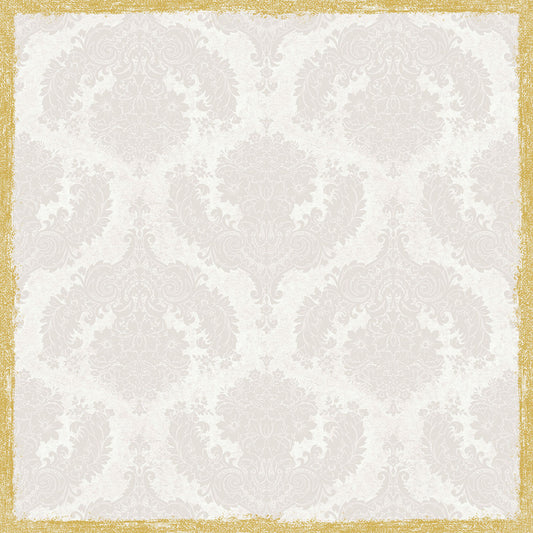 Ein hellbeiges Vintage-Damastmuster mit verschnörkelten Blumen und einer Goldbordüre - ideal für Dunicel-Mitteldecken 84 x 84 cm Royal white von Duni GmbH (Packung mit 20 Stück) für einen elegant gedeckten Tisch.
