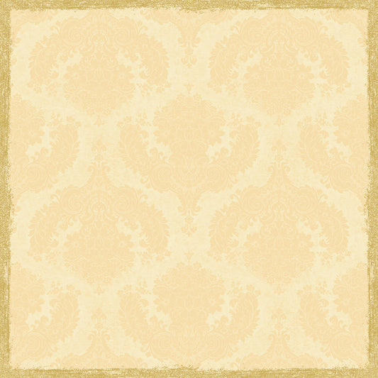 Eine quadratische Dunicel-Mitteldecke 84 x 84 cm von Duni GmbH zeigt ein beige und hellgoldenes Damast-Blumenmuster mit einem strukturierten Goldrahmen. Dieses elegante Design ist perfekt für die Tischdekoration. Die Packung enthält 20 Stück, Royal creme.