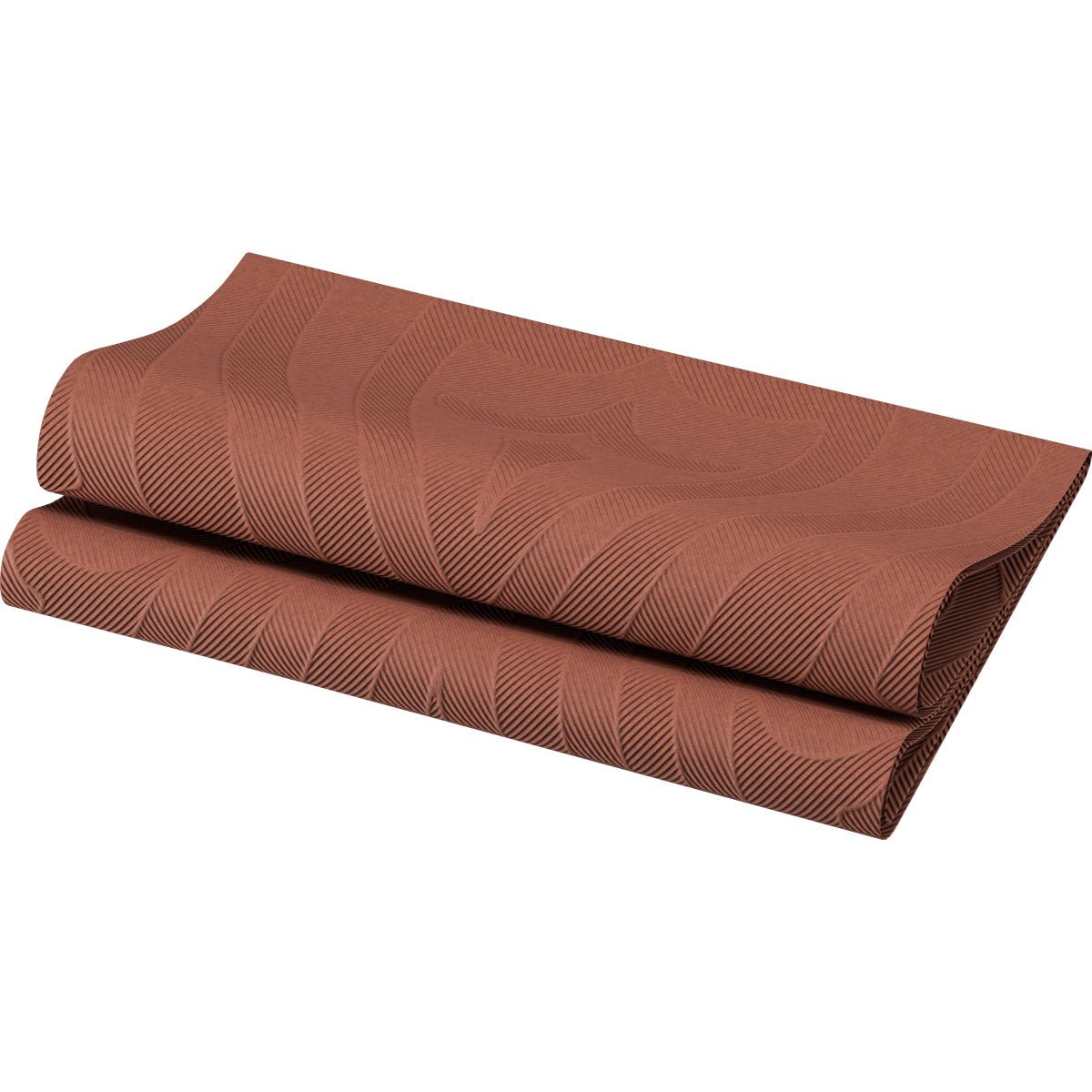 A pack of Elegance napkins 40x40 cm in Lily Chestnut by Duni GmbH with a reddish-brown hue and wave-like texture pattern is placed on a white background.