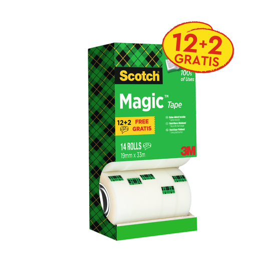Das Scotch® Magic™ Unsichtbares Klebeband Vorteilspack von 3M Deutschland GmbH enthält 14 Rollen (19 mm x 33 m) in einer grün karierten Box mit der Aufschrift "12+2 FREE GRATIS".
