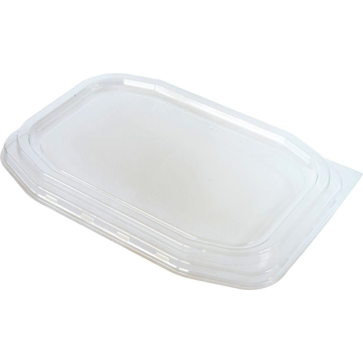 A transparent APET lid for PP menu tray HMR (221x154x14 mm) by the brand Duni GmbH with rounded corners and raised edge is visible on a white background. The package contains 312 pieces.