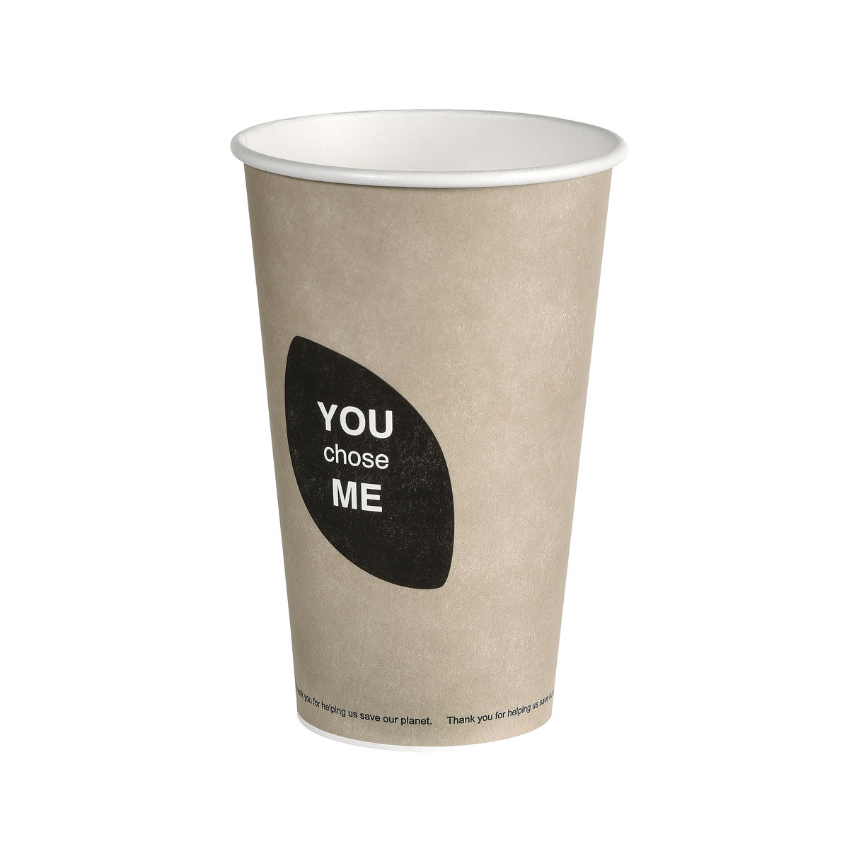 Ein beigefarbener Dankeschön-Becher, PAP/PLA Bedruckt von Duni GmbH, zeigt eine schwarze Blattgrafik mit "YOU chose ME" in weißer Schrift und Kleingedrucktem in Bodennähe, fotografiert auf weißem Hintergrund.