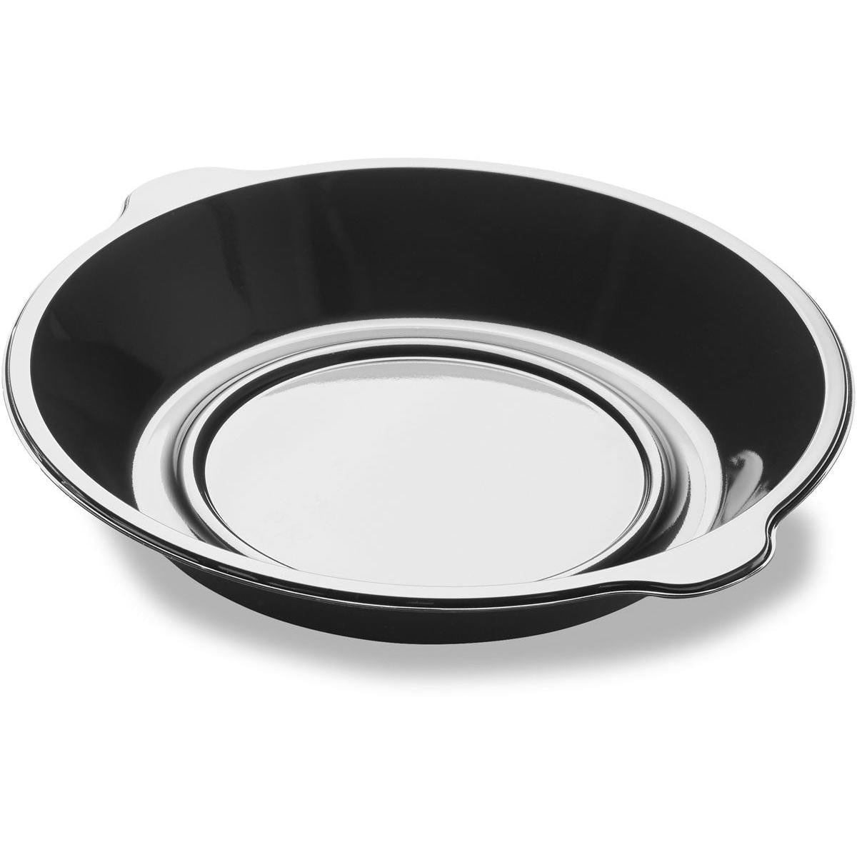 The DF Pearl L1 - 1-divided 1 Black PP Ø250x42 bowl from Duni GmbH is a round, flat bowl with a small rim, perfect for the catering industry. It is delivered in packs of 350 pieces and is photographed on a white background.