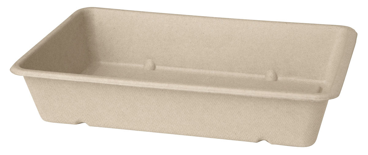 Die Box Bagasse Braun der Duni GmbH ist eine rechteckige, beigefarbene, kompostierbare Schale mit leicht erhöhten Rändern und einem flachen Boden - hergestellt aus Formfasern für umweltfreundliche Verpackungen.