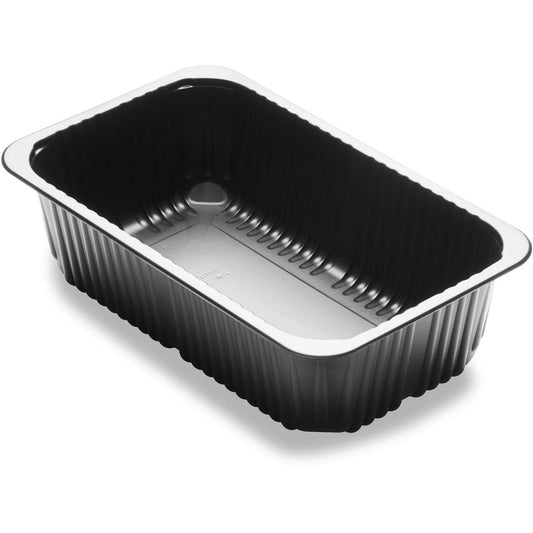 Die Duni GmbH Menüschale 1-comp 1 Schwarz PP/MIN 260x158x70,7 ist eine schwarze rechteckige Schale mit gerippter Struktur und ausgestellten Kanten, ideal für Gastronomieverpackungen. Abgebildet auf weißem Hintergrund. Packung: 376 Stück.