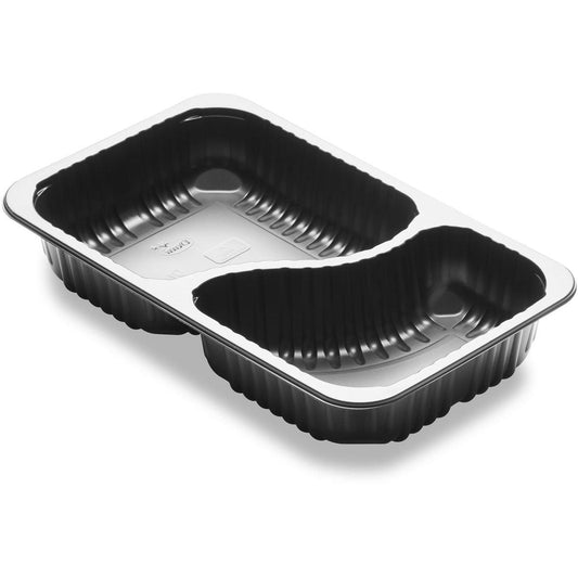 Die Duni GmbH Menüschale 2-comp 2 Schwarz PP/MIN 260x158x43,7 mit zwei separaten Fächern wird auf weißem Hintergrund präsentiert und ist ideal zur Verpackung von Mahlzeiten (Packung: 384 Stück).