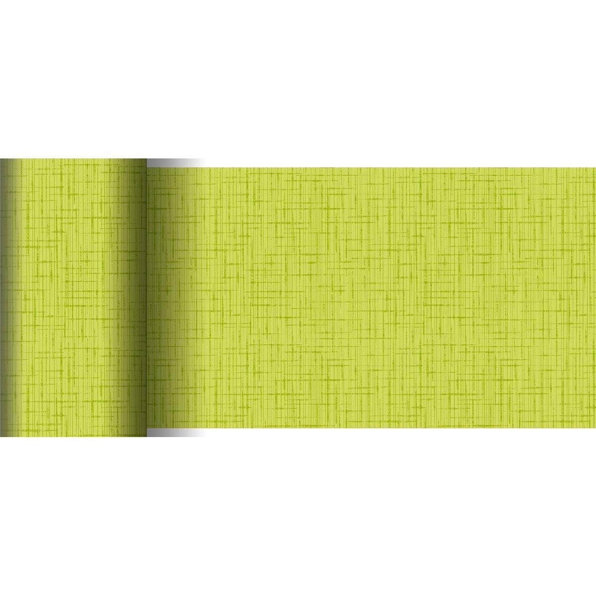 A partially unrolled, light green wallpaper with a subtle cross pattern resembles the Dunicel table runner 20 m x 15 cm from Duni GmbH and is ideal for creative table decorations with its woven, linen-like texture.