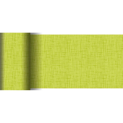 A partially unrolled, light green wallpaper with a subtle cross pattern resembles the Dunicel table runner 20 m x 15 cm from Duni GmbH and is ideal for creative table decorations with its woven, linen-like texture.