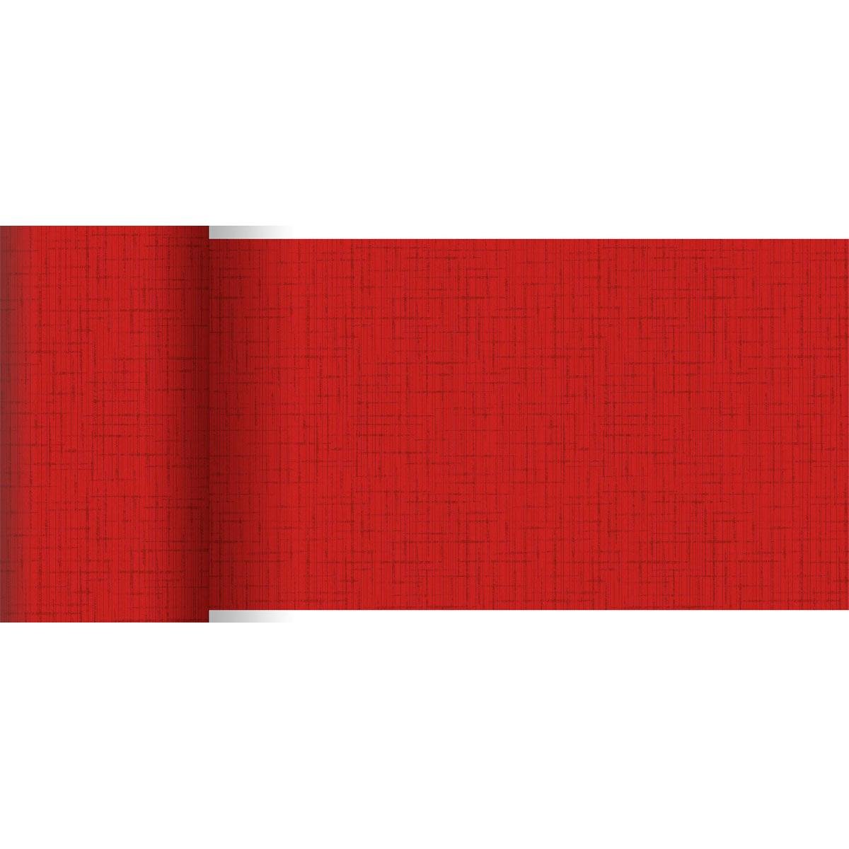 A roll of red Dunicel table runner (20 m x 15 cm) from Duni GmbH features a subtle, intersecting line pattern and a textured appearance, with the left edge slightly rolled up - perfect for a stylish table decoration.