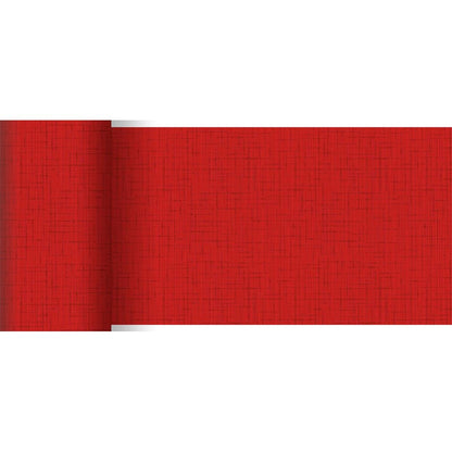 A roll of red Dunicel table runner (20 m x 15 cm) from Duni GmbH features a subtle, intersecting line pattern and a textured appearance, with the left edge slightly rolled up - perfect for a stylish table decoration.