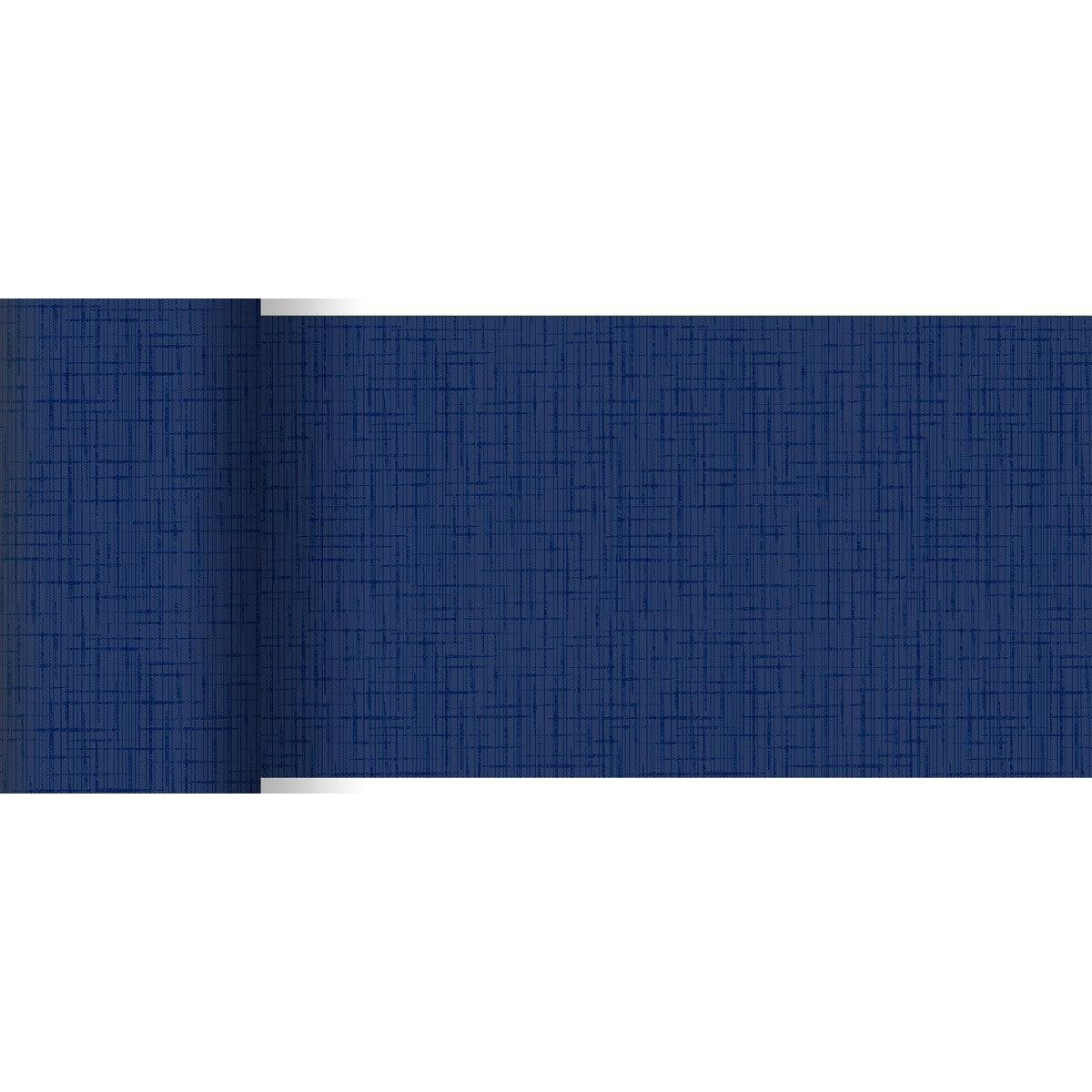 The Dunicel table runner 20 m x 15 cm from Duni GmbH displays a textured, grid-like dark blue pattern - perfect for stylish table decoration or creative use, here partially unrolled against a white background.