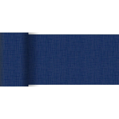 The Dunicel table runner 20 m x 15 cm from Duni GmbH displays a textured, grid-like dark blue pattern - perfect for stylish table decoration or creative use, here partially unrolled against a white background.