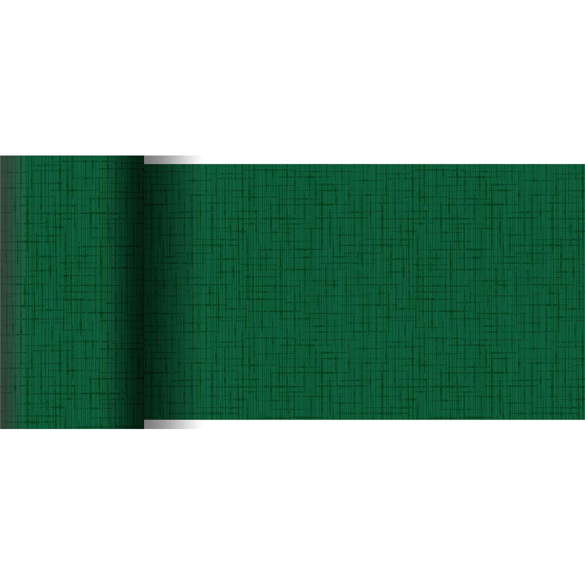 A partially unrolled green Dunicel table runner 20 m x 15 cm from Duni GmbH shows its fine grid structure against a white background, making it perfect for an elegant table decoration.