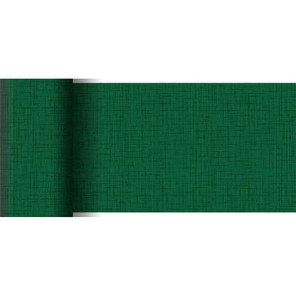 A partially unrolled green Dunicel table runner 20 m x 15 cm from Duni GmbH shows its fine grid structure against a white background, making it perfect for an elegant table decoration.