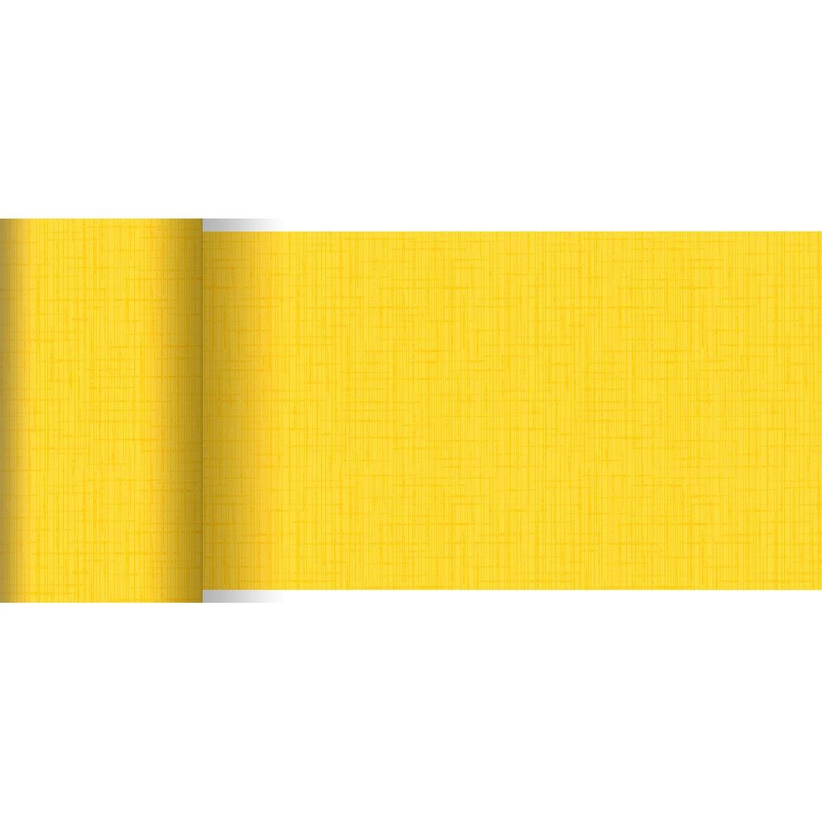 A roll of Dunicel table runner 20 m x 15 cm from Duni GmbH in yellow with a subtle grid-like structure and matte finish is partially unrolled on a white surface. Ideal for table decorations with delicate, intersecting lines.