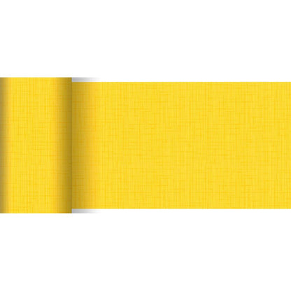 A roll of Dunicel table runner 20 m x 15 cm from Duni GmbH in yellow with a subtle grid-like structure and matte finish is partially unrolled on a white surface. Ideal for table decorations with delicate, intersecting lines.