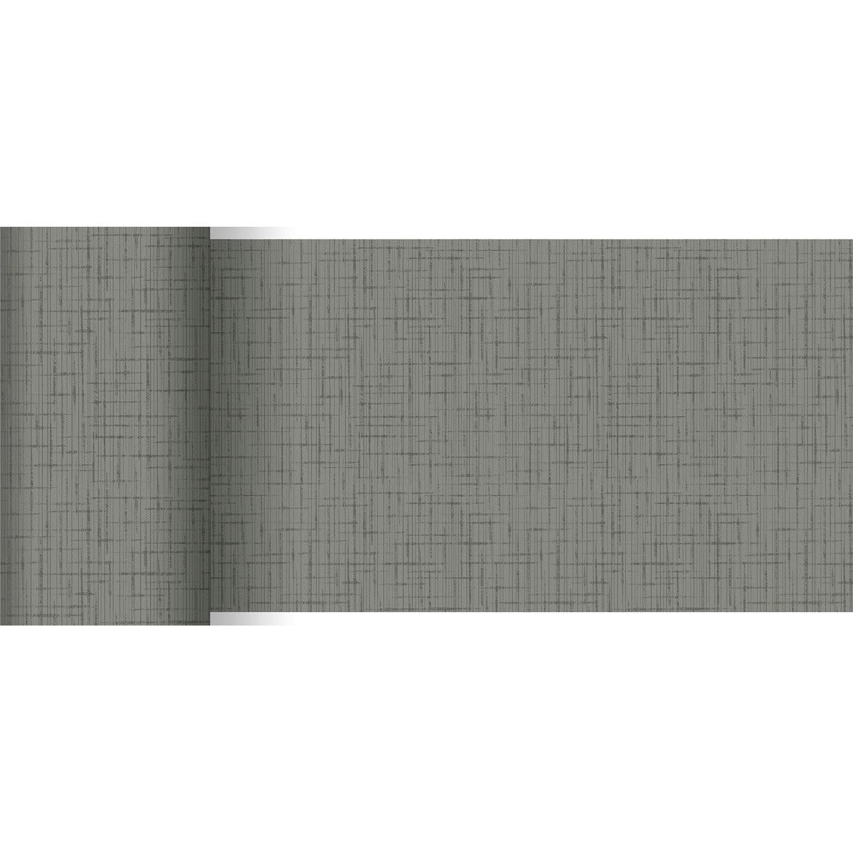 A gray wallpaper roll with a subtle grid pattern complements the Dunicel table runner 20 m x 15 cm from Duni GmbH, partially unrolled on a white surface - perfect for a stylish table decoration.