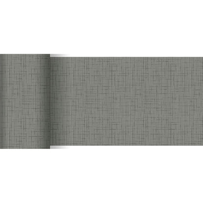 A gray wallpaper roll with a subtle grid pattern complements the Dunicel table runner 20 m x 15 cm from Duni GmbH, partially unrolled on a white surface - perfect for a stylish table decoration.