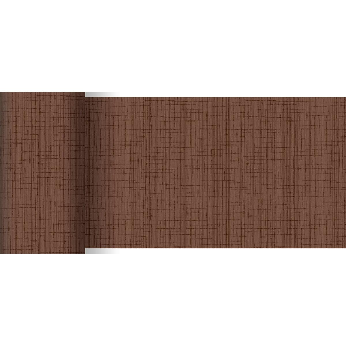 The Dunicel table runner 20 m x 15 cm from Duni GmbH is a brown, textured table runner with a subtle grid and crosshatch pattern, partially unrolled on a white surface - ideal for a stylish table decoration.
