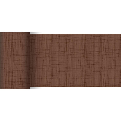 The Dunicel table runner 20 m x 15 cm from Duni GmbH is a brown, textured table runner with a subtle grid and crosshatch pattern, partially unrolled on a white surface - ideal for a stylish table decoration.