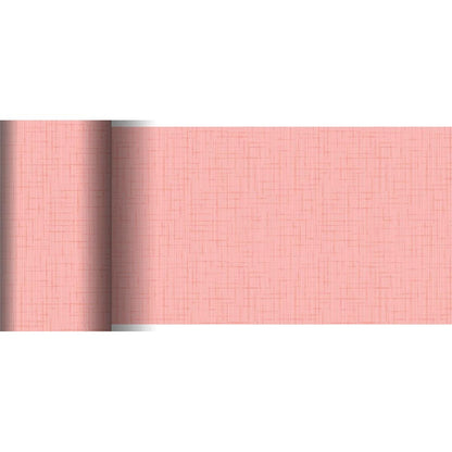 The Duni GmbH Dunicel table runner (20 m x 15 cm) in pink has a subtle linear pattern and a textured grid appearance - perfect for creative table decoration. Both the rolled and unrolled views are shown on a flat surface.