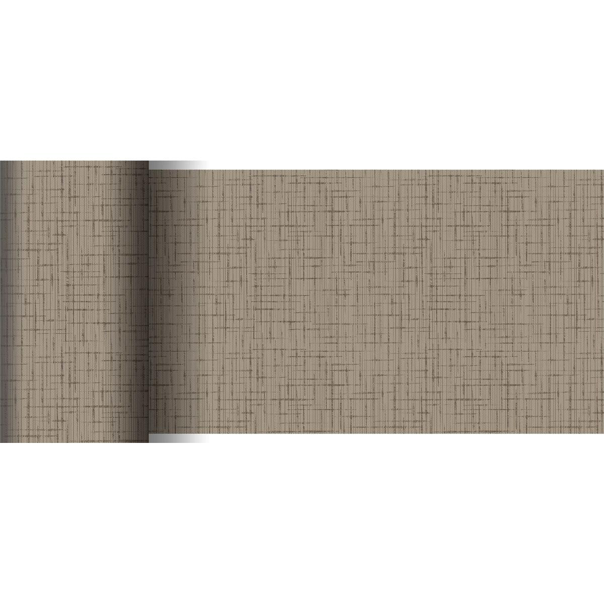 A roll of Dunicel table runner 20 m x 15 cm from Duni GmbH with a textured beige surface and subtle brown crosshatch pattern is partially unrolled on a white surface - ideal for an elegant table decoration.