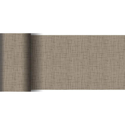A roll of Dunicel table runner 20 m x 15 cm from Duni GmbH with a textured beige surface and subtle brown crosshatch pattern is partially unrolled on a white surface - ideal for an elegant table decoration.