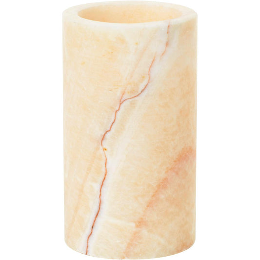 Der Duni GmbH Kerzenhalter Mineral (125 x 70 mm) aus Onyx besticht durch seine zylindrische Form, das polierte, hellbeige Gestein mit natürlicher rötlich-brauner Maserung und offener Oberseite für eine elegante Optik. Packung: 1 Stück.