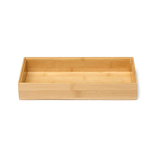 Der Duni GmbH Besteckkasten Bambus ist ein rechteckiges, flaches Holztablett mit einer natürlichen hellen Holzoberfläche, perfekt als nachhaltiger Besteckkasten für eine umweltfreundliche Küche, abgebildet auf einem weißen Hintergrund.