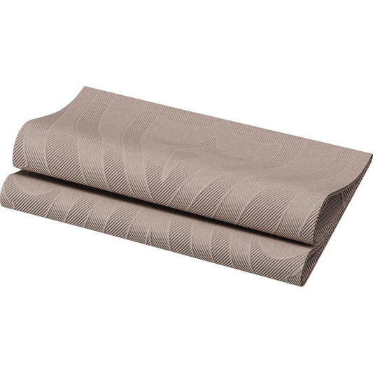 Die Elegance-Servietten 40 x 40 cm 1/4 Falz Lily greige der Duni GmbH mit wellenförmigem, abstraktem Muster in gedecktem Braun sind ideal für eine stilvolle Tischdekoration; jede Packung enthält 40 Servietten.