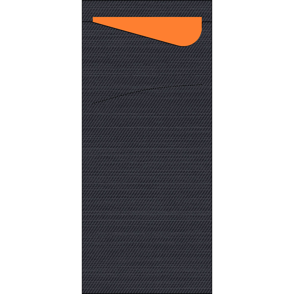 Der Sacchetto Zelltuch 190 x 85 mm von Duni GmbH ist ein rechteckiger, dunkelgrauer Schlafsack mit dezentem diagonalem Linienmuster und einem orangefarbenen Innenraum, der teilweise von oben sichtbar ist - ideal für kompakte Räume.