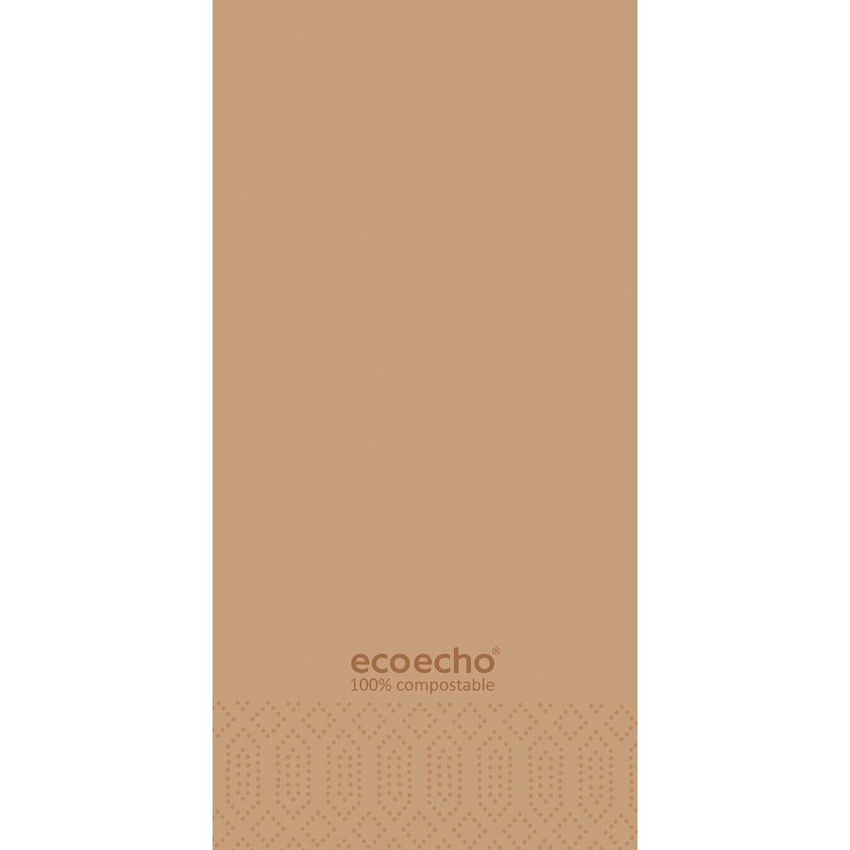 Auf der hellbraunen Oberfläche mit dezentem geometrischem Muster steht der Text "ecoecho® 100% kompostierbar". Duni GmbH Zelltuchservietten 40 x 40 cm 2-lagig, 1/8 Buchfalz EcoEcho, Packung (300 Stück).