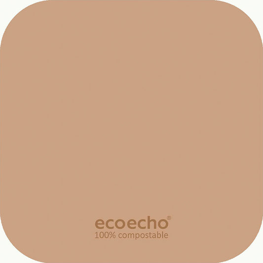 Ein Quadrat mit abgerundeten Ecken in Hellbraun. "EcoEcho 100% kompostierbar" in kleiner Schrift am unteren Rand - ideal als Duni GmbH Zelltuch-Untersetzer 8,5x8,5 cm 8-lagig (250 Stück) für umweltfreundliche Veranstaltungen.