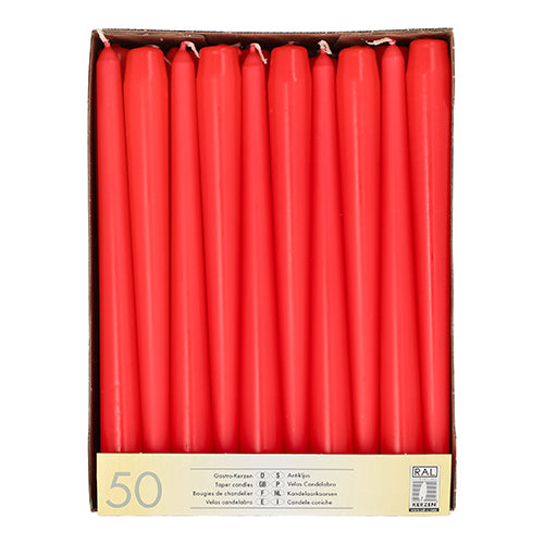 Die Starpak 50 Leuchterkerzen Ø 2,2 cm - 25 cm Box enthält 50 glatte, weiße, aufrechte Kerzen mit langer Brenndauer, übersichtlich angeordnet und mehrsprachig beschriftet.