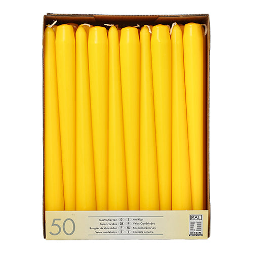 Eine Pappschachtel von Starpak enthält 50 weiße Leuchterkerzen (Ø 2,2 cm - 25 cm), die aufrecht in Reihen angeordnet sind. Das Etikett auf der Vorderseite enthält Produktinformationen in mehreren Sprachen, darunter "Paraffin Kerzen.