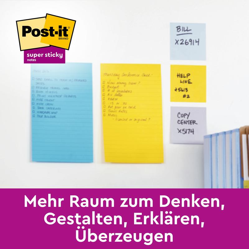 Three Post-it® Super Sticky Notes in large format, Boost Collection, lined (101 x 152 mm), by 3M Deutschland GmbH, stick to a white wall, below a purple banner with "More room for thinking, designing, explaining, convincing."