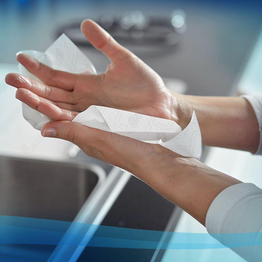 Eine Person hält ein Scott® Essential™ Rollenhandtuch 6638 Großrolle 1-lagig der Kimberly-Clark GmbH und wischt sich die Hände über einem Spülbecken ab. Blaue Kurven rahmen das Bild ein, der Hintergrund ist unscharf und das EU-Umweltzeichen ist sichtbar.