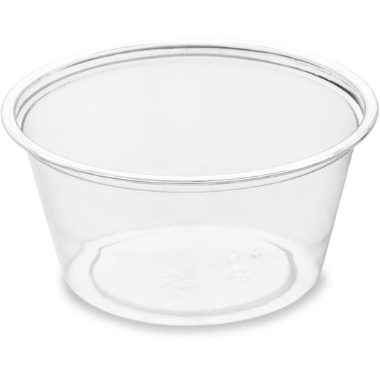 Der Dressingbecher 60 ml von Duni GmbH ist ein transparenter rPET-Behälter (64x64x30 mm) mit breiter Öffnung und glattem Rand, perfekt für die Aufbewahrung von Dressings und Saucen. Wird in Packungen zu 100 Stück geliefert.