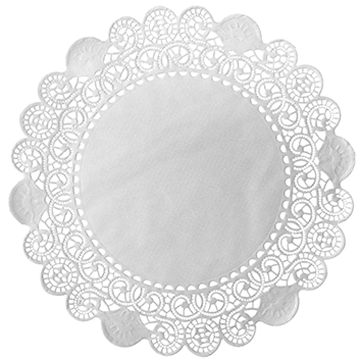 The Duni GmbH round doily is a round, white paper doily with a solid core and detailed, lace-like edges - ideal for decorating tables at weddings or serving cakes.