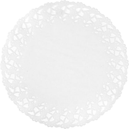 The Duni GmbH round doily is a round, white, lace-patterned paper with a solid core, perfect for elegant weddings or events.