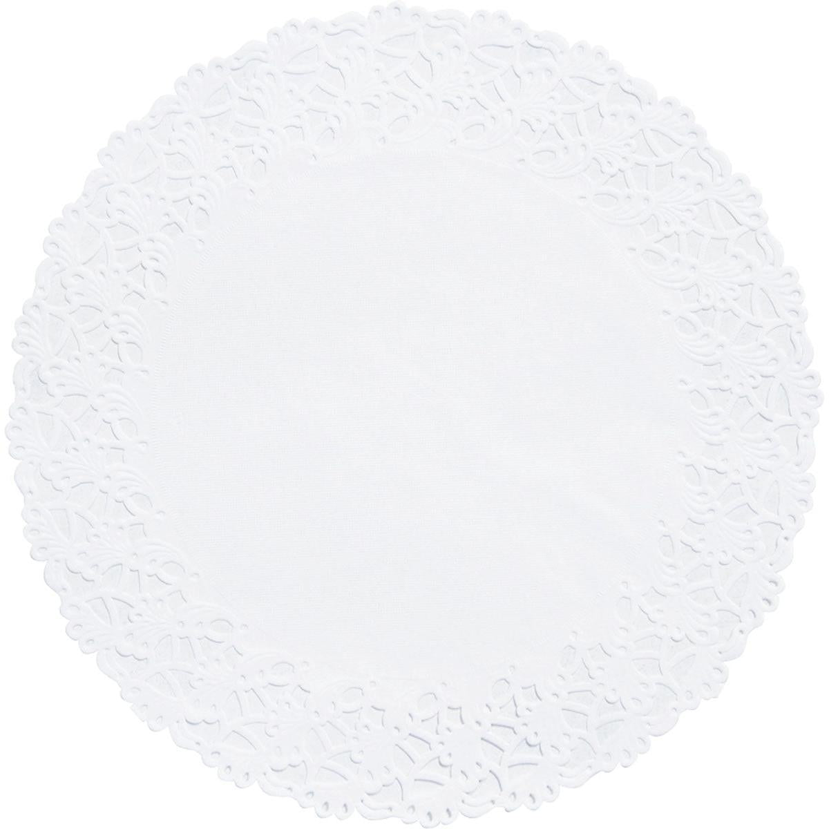 The Duni GmbH round doily is a simple, white, round paper doily with a delicate, lace-like edge and a solid center, ideal as an elegant decorative accent for weddings or special occasions.