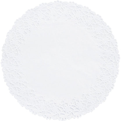 The Duni GmbH round doily is a simple, white, round paper doily with a delicate, lace-like edge and a solid center, ideal as an elegant decorative accent for weddings or special occasions.
