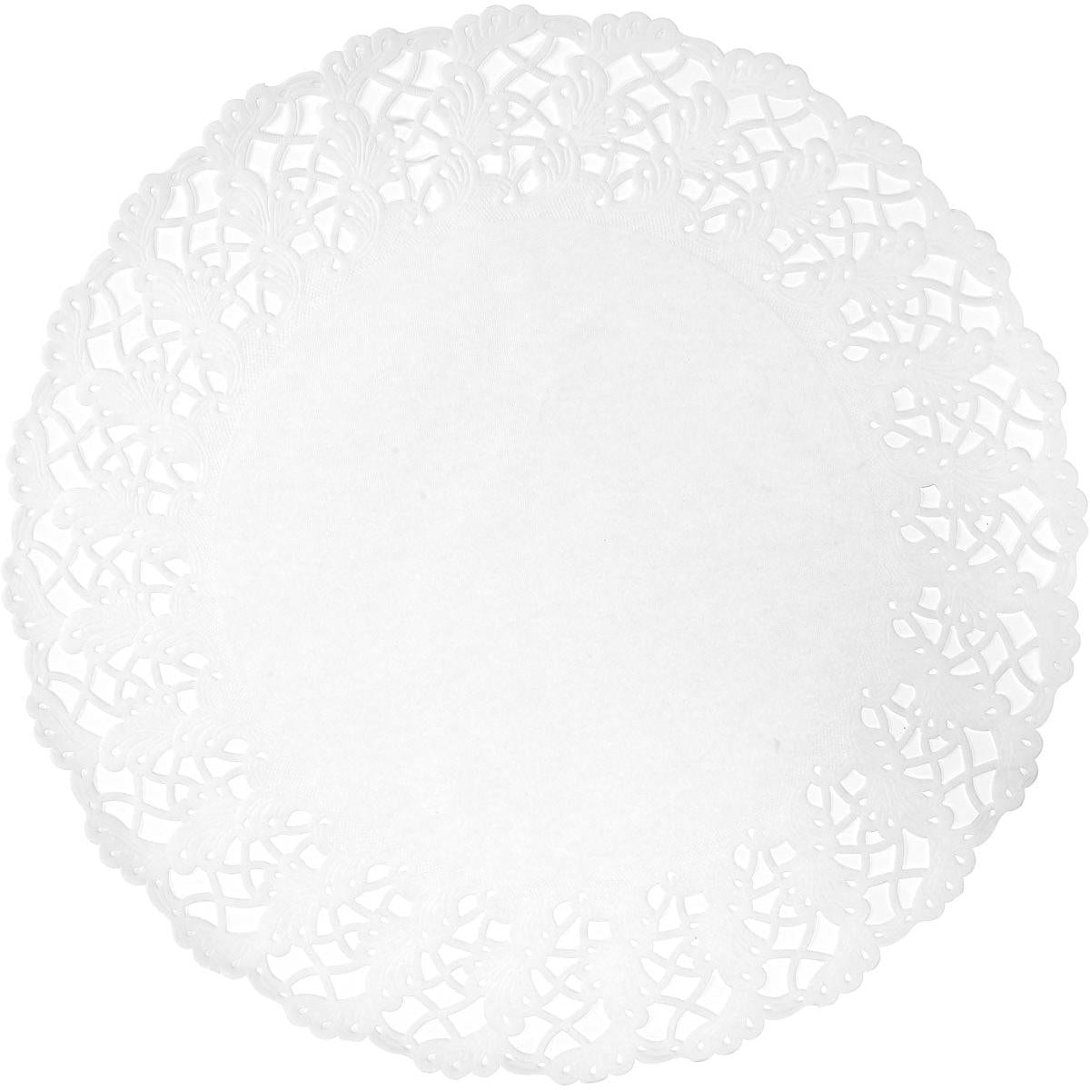A round, white doily from Duni GmbH has an intricate, lace-like edge and a solid center, photographed against a simple, white background. Ideal for wedding celebrations or elegant cake toppers.