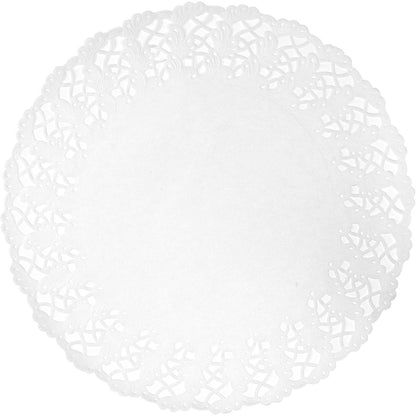A round, white doily from Duni GmbH has an intricate, lace-like edge and a solid center, photographed against a simple, white background. Ideal for wedding celebrations or elegant cake toppers.