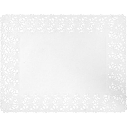 Die Duni GmbH Tortenspitzen Rechteckig 35 x 45 cm weiß (Packung mit 250 Stück) zeichnen sich durch einen eleganten, spitzen Rand und eine glatte Mitte aus - ideal für die stilvolle Präsentation von Speisen.