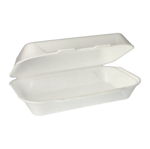 Eine weiße Starpak Allzweckbox (XPS, 1800 ml, 7,5 x 24 x 13,3 cm) mit Klappdeckel ist geöffnet und gibt den Blick auf den leeren Innenraum frei – ideal für den vielseitigen Einsatz. Die Box wird im 100er-Pack in Schrumpffolie verpackt geliefert.