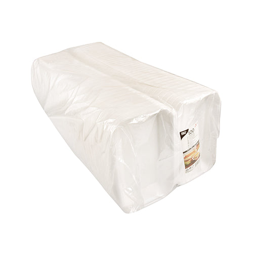 Eine Packung mit 100 weißen Starpak Allzweckboxen mit Klappdeckel (XPS, 1800 ml, 7,5 x 24 x 13,3 cm), in Schrumpffolie eingewickelt und mit einem sichtbaren Starpak-Etikett an einem Ende versehen.